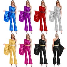 DE Damen 70er Jahre Disco Kostüm Tanzanzug Overall Hippie Kleidung party Outfit