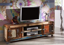 Vintage Altholz TV-Board auf Rollen Lowboard shabby chic mehrfarbig Massivholz