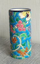 alte antike  zylindrische Keramik Vase von Longwy Pottery Frankreich Erbstück