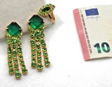 Gablonzer Vintage Modeschmuck Lange Strass Ohrringe Ring Grüne Steine Vergoldet