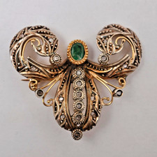 Antiker Anhänger oder Brosche, 750er / 18 Karat Gelbgold, Smaragd, Diamanten
