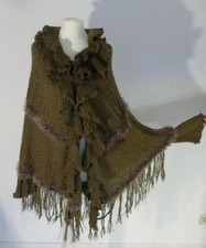 Poncho, Cape/ALEXO/Wolle,Fell,Perlen/braun-aussergewöhnlich!