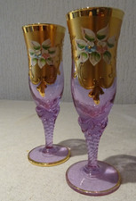 2 Sekt  Gläser Bohemia Tschechien Golddekor mit Blumen K8