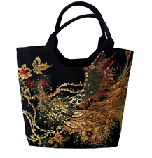 Handtasche Tasche Schwarz Handgefertigt Applikationen Bestickt 37 cm x 34 cm