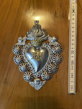 flammendes Herz, antik ex Voto, Votifbild aus Silberblech 18 cm x 13 cm