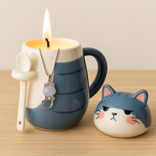 Schmuckkerze - Juwelkerze mit Motiv Katze, in Keramiktasse mit Deckel und Löffel