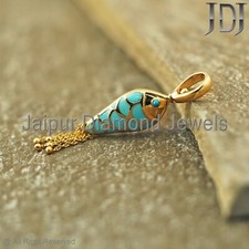 Solid 14k Gelbgold Anhänger Natürlich Türkis Edelstein Fisch Emaille Anhänger