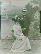 Frau und Mann um 1900 Mode großer Hut einmaliges  historisches  Glasnegativ Nr.1