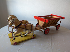 Pferdegespann Grünhainichen Pferd Leiterwagen Holzspielzeug Kutsche 1960 Erzg.