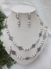 Dirndlschmuck-Set 3-tlg. Hirsch + weiße Perlen in 3er-Gruppen mit Edelweiß