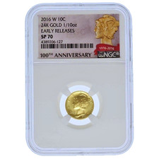 USA 2016-W Mercury Dime 1/10 oz Gold 100th Anniversary NGC SP 70 Early Release