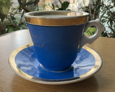 Porzellantasse mit Untertasse und Widmung 1891 | blau gold | Striegau Stanowitz