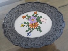 Wandteller,Zinnteller Keramik mit Zinnmontierung,handbemalt,Rein Zinn,Peltro