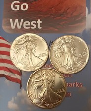 3 US Silver Dollar Walking Liberty, 1 OZ Feinsilber, Jahrgang 1987, 1988, 1989