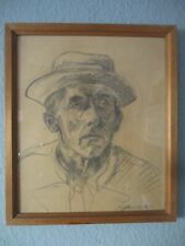 Zeichnung Portrait Mann mit Hut signiert 1936 Ausstellung München 1938 lt. verso