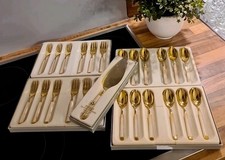 HANSEAT  Besteck 12x Teelöffel + Kuchengabeln Tortenheber vergoldet Emaille weiß