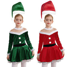 DE Kinder Mädchen Weihnachten Kostüm Langarm Weihnachtskleid mit Weihnachtsmütze