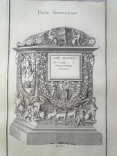 Asche- Urne3 Antike röm. Grabmal Mythos Sphinx Montfaucon Kupferstich 1722