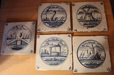 Konvolut 5 x  Fliese Kachel  Antik Blaues Motiv Haus Mühle  Brücke  blau