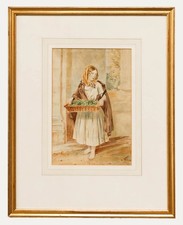 Gerahmtes Aquarell Aus Dem Späten 19. Jahrhundert - Der Brunnenkresseverkäufer.