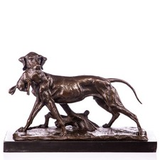 Bronzeskulptur Jagdhund mit Kaninchen auf Marmorsockel nach P. Leccourtie