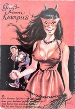 AK Krampuskarte-Krampus-Erotikakarte-Künstlerkarte-Farblitho-gelaufen