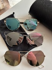 Sonnenbrillen Set (3 Stück) Gespiegelt,Rosa, Grün, Silber Metall Gestell,Etui UV