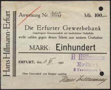 [11009] - NOTGELD ERFURT, Hans Hillmann/Erfurter Gewerbebank,  100 Mk, 01.11.192