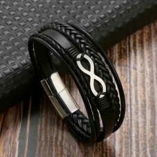 Herren Armband Schwarz Unendlich Echt Leder Edelstahl Magnetverschluss Männer