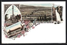 Lithographie Mittelwalde, Schloss, Kirche u. Rathaus, Marienstatue, Wölfelsfall 