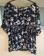 Kaffe Gr. XL Bluse Crash Crinkle Dunkelblau Weiss Blüten Kurzarm 