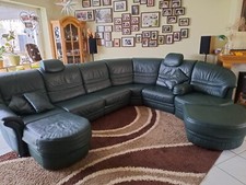 Dunkelgrüne Echtleder-Wohnlandschaft, Couch, Sofa