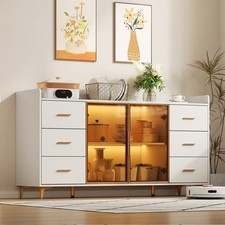 Moderner Sideboard Kommode mit LED, Glastüren und 6 Schubladen Küchenschrank
