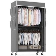 Kleiderständer auf Rollen Doppel-Kleiderstange mit Abdeckung Metall Stoffschrank