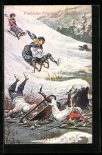 Künstler-AK Arthur Thiele: Fröhliche Fahrt ins Neue Jahr, Schlitten-Fahrer brec 