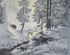 Lothar Sperl 1910-1987 Traunreut / Gemälde 1980 winterlicher Wald mit Bachlauf