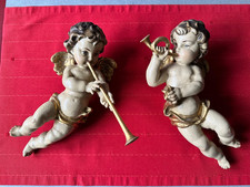 Antikes Paar geschnitzte Engelchen mit Trompete und Horn - Putten