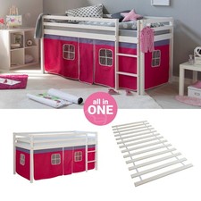 Hochbett 90x200 Kinderbett mit Lattenrost Holz Weiß Vorhang Pink Homestyle4u