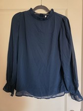 Damen Bluse Blau/Pertrol Durchsichtige Ärmel Rüschenkragen Gr. M *NEU *