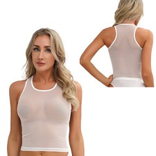 DE Damen Transparent Mesh Kurz Oberteil U-ncek Tank Tops Dessous T-shirt Weste