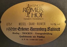 Weinetikett Erdener Herrenberg Kabinett Riesling TROCKEN 1992 MOSEL-SAAR-RUWER 