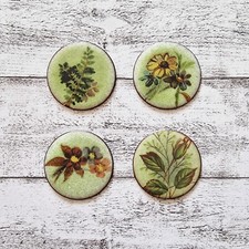 1970er 4 Stk Kreis Emaille Blume Blüten Farn Natur Schmuck Basteln Vintage Retro