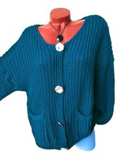 Weiche Strickjacke Strick Jacke große GOLDENE KNÖPFE 36 38 40 42 petrol