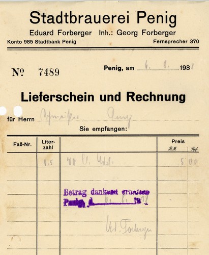 Rechnung stadtbrauerei penig - rechnung,