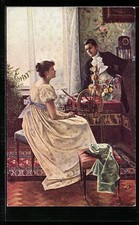 Ansichtskarte Spinnen und Minnen, Liebespaar mit einem Spinnrad 