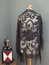 Stola Schal XXL Schokoladenbraun Dreieckstuch Fransen Floral