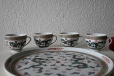 chinesisches Teeservice - Platte mit 4 Tassen, Drachenmuster, Porzellan