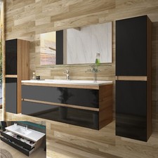 Badmöbel Set Eiche / Schwarz Hochglanz Badezimmermöbel komplett Set Bad 6tlg Bad