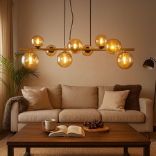 Pendelleuchte Esszimmerlampe Hängeleuchte LED 9-Flammig Glas Kugel amber golden