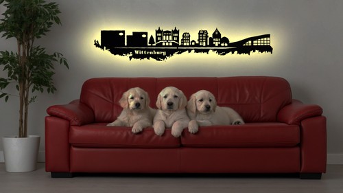 Led wandbild holz skyline - led,